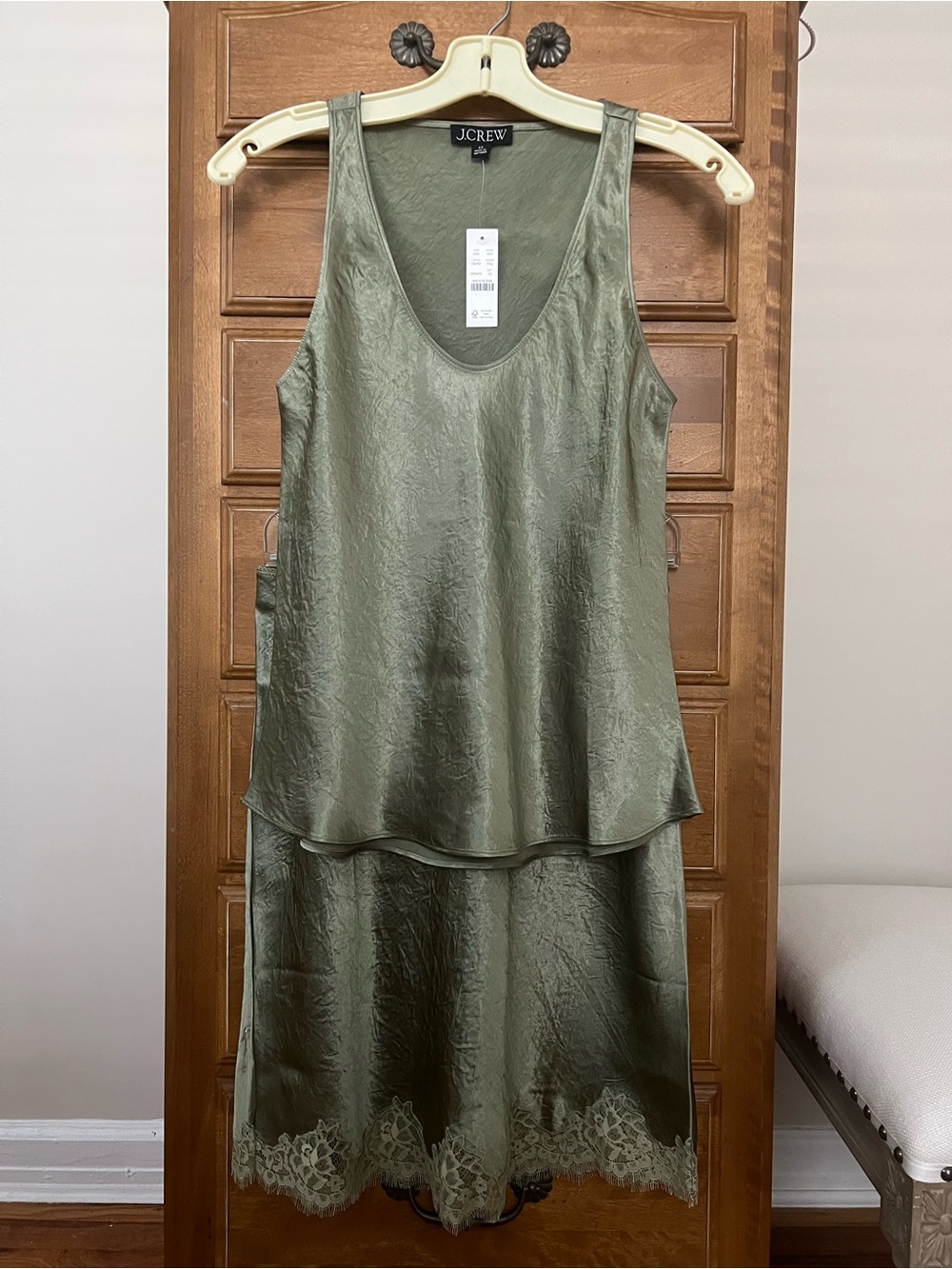 NWT J. Crew Olive Green Satin Lace-Trim Tank Top and Skirt